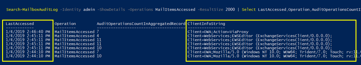 Screenshot of the Search Mailbox Audit Log command in PowerShell and the resulting audit records that it retrieved.