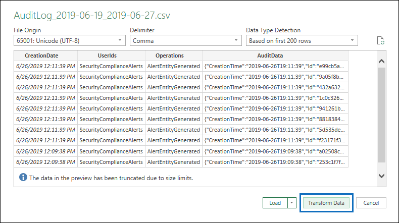 Screenshot of a downloaded C S V file that shows the Transform Data button highlighted.