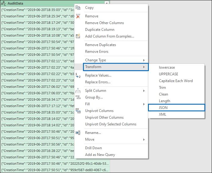 Screenshot of a C S V file opened in the Query Editor and showing the Audit Data column and the Transform option highlighted.