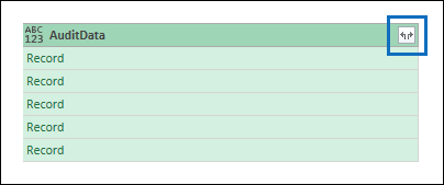 Screenshot of a C S V file opened in the Query Editor and showing the Audit Data column and the Expand icon highlighted.