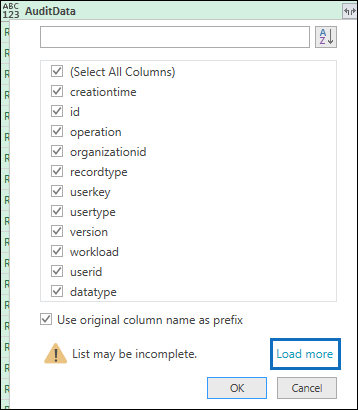 Screenshot of a C S V file opened in the Query Editor and showing the Audit Data column and the Load more option highlighted.