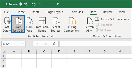 Screenshot of an Excel spreadsheet showing the Get and transform data section in the ribbon and the From text and C S V option highlighted.