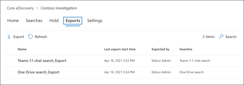 Screenshot of a case's detail page showing the Exports tab and two export jobs that were run for the case.