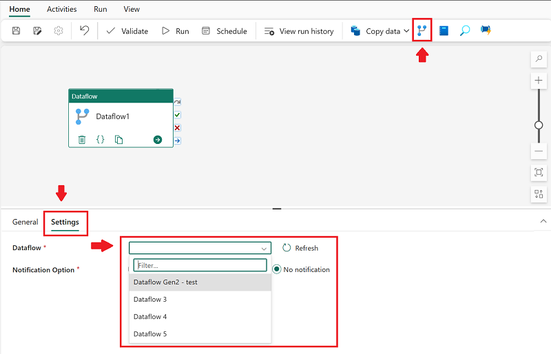 Screenshot of the pipeline editor with how to add a Dataflow Gen2 activity with an existing dataflow.