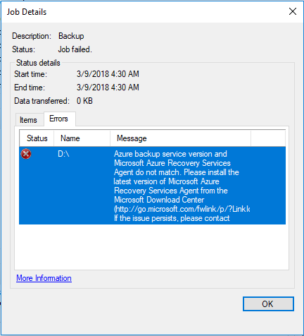Screenshot of a failed Backup error in Job Details dialog box.