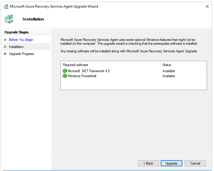 Screenshot of upgrade installation of the Microsoft Azure Recovery Services Agent.