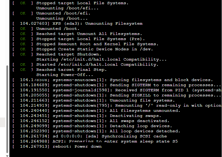 Screenshot of the 'Power-off' message in the serial console.