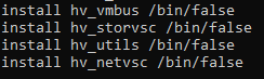 Screenshot that shows the possible configuration file contents used to disable kernel modules/drivers.