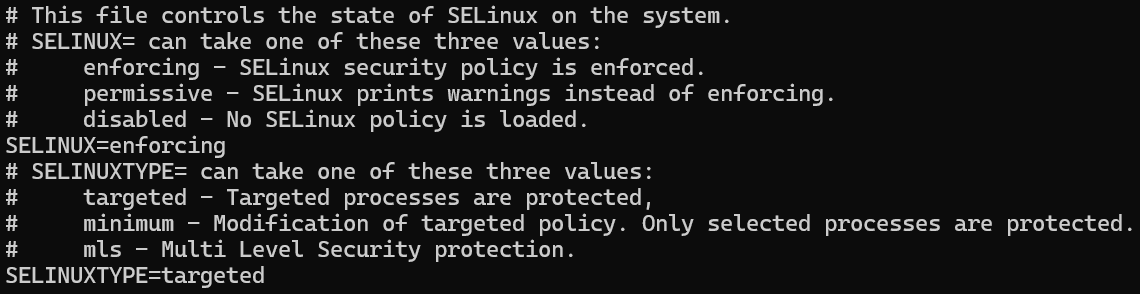 Screenshot that shows the correct configuration of /etc/selinux/config.