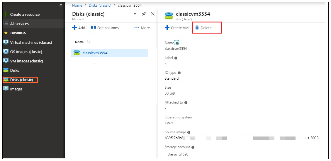 Screenshot shows the Azure portal with Disks (classic) selected. A data disk is selected and the Delete option is highlighted.