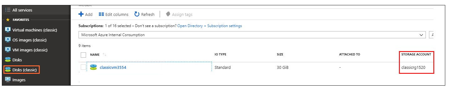 Screenshot shows the Azure portal with Disks (classic) selected. A classic disk name and storage account is shown.