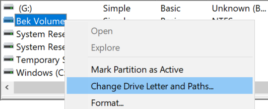 Screenshot of the shortcut menu of the bek volume, with the change drive letter and paths option highlighted