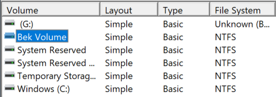 Screenshot of disk management with bek volume highlighted