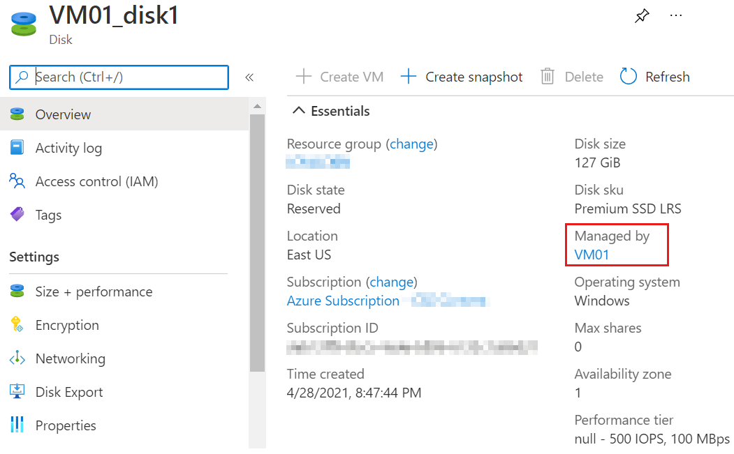 Screenshot of the overview blade for a disk in the Azure portal, indicating that the disk is managed by a V M.