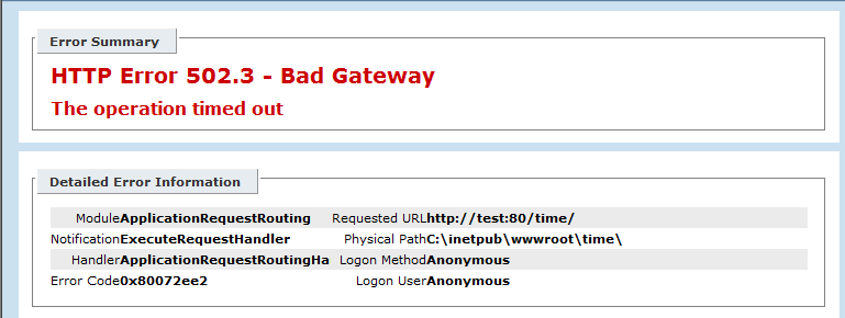 Screenshot that shows detailed 502 errors that appear when detailed errors are enabled on the server.