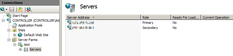 Screenshot that shows you how to navigate to the Servers node under the Server farm in IIS Manager.