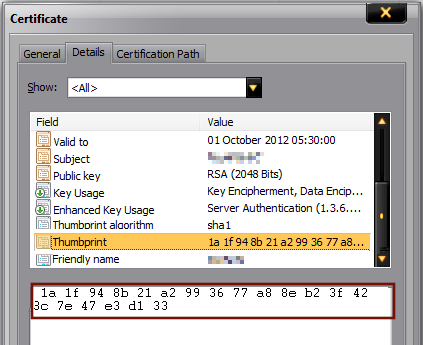 Screenshot of the Certificate dialog showing the Details tab. The thumbprint value is highlighted.