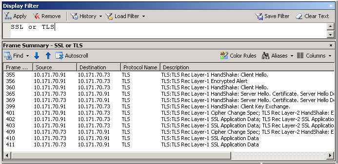 Screenshot of the Display Filter window showing a snapshot of a successful trace.