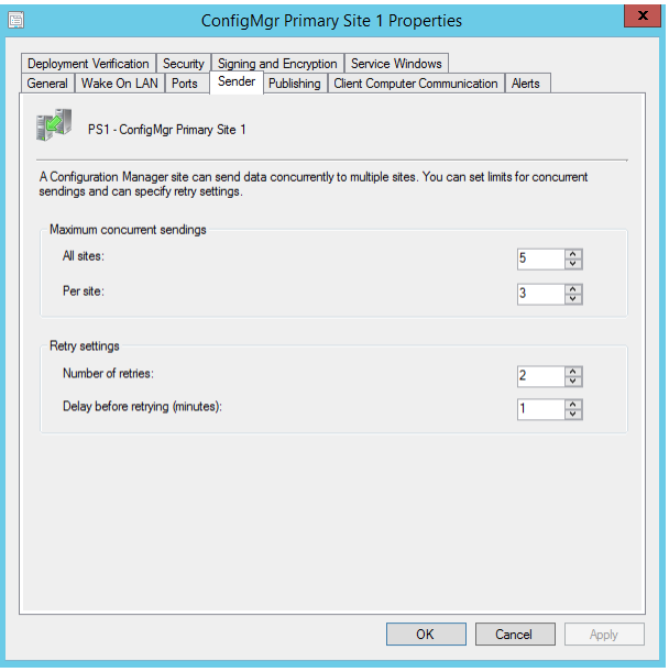 Screenshot shows information under the Sender tab in the ConfigMgr Primary Site Properties window.