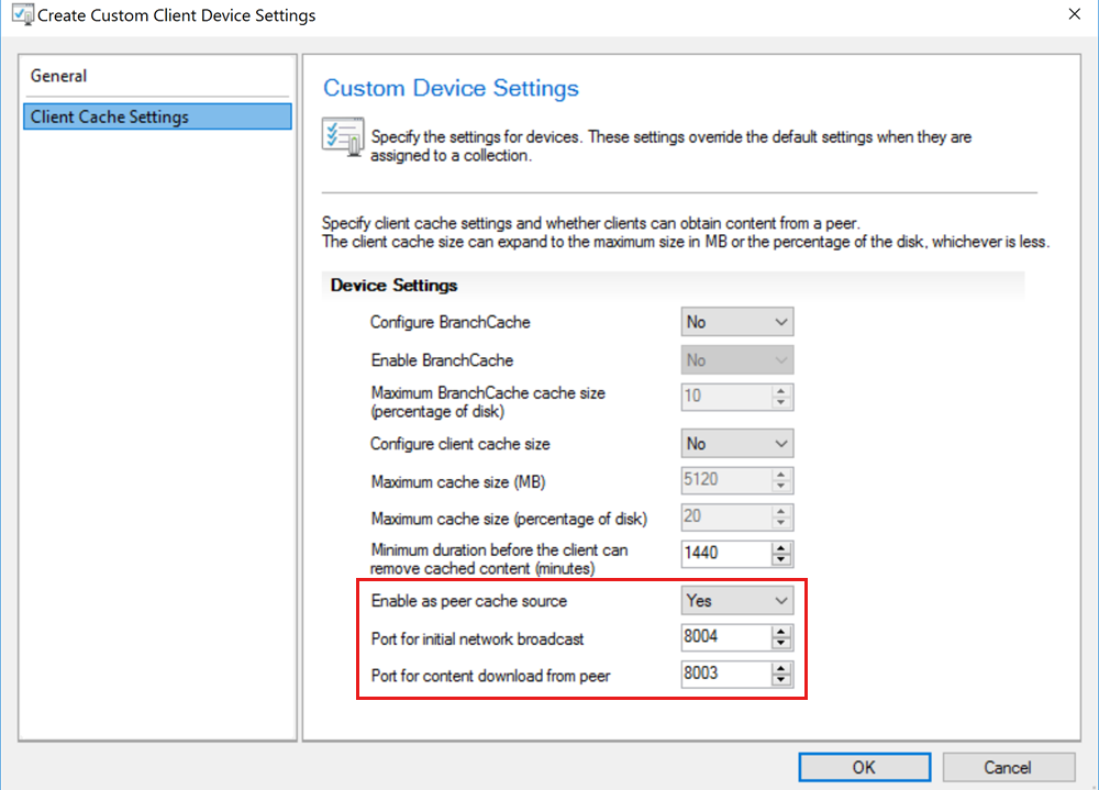 Screenshot shows details of the Client Cache Settings.