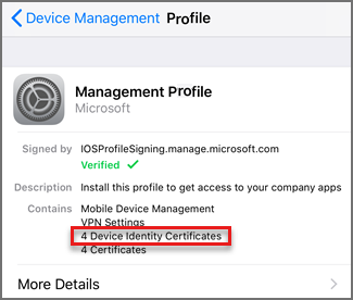 Screenshot of iOS certificates under the Device Management Profile.