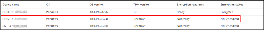 Intune status details showing device is not ready and will not encrypt silently.