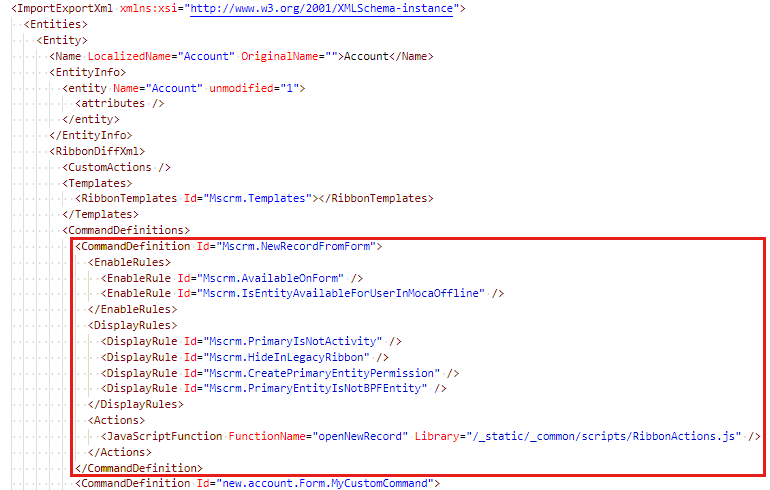 Screenshot shows the location of the CommandDefinition node whose ID is Mscrm.NewRecordFromForm.