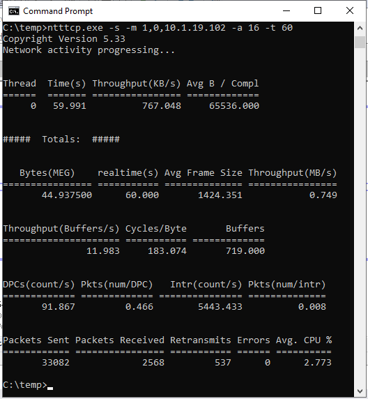 Screenshot showing NTttcp running on a primary replica.