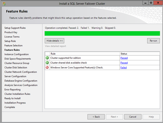 Screenshot of the Feature Rules page, which shows Windows Server Core Supported Feature(s) Check failed.