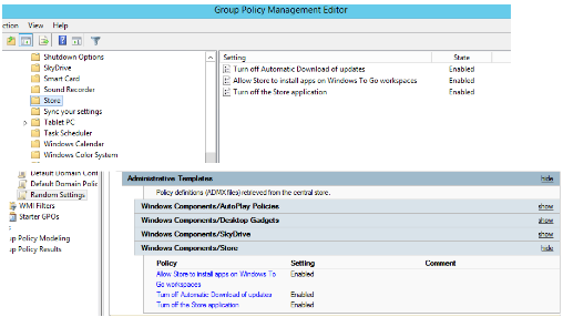 Screenshot shows 3 policies are enabled: Turn off Automatic Download of updates, Allow Store to install apps on Windows To Go workspaces and Turn off the Store application.