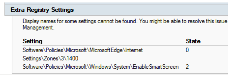 Screenshot shows the Display names for some settings cannot be found under Extra Registry Settings. 3 settings are listed under this item.