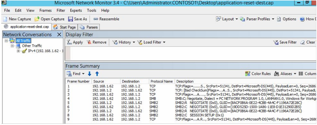 Screenshot of packets on destination side in Network Monitor.