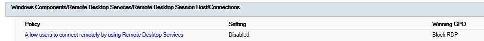 Screenshot of an example segment of gpresult.html in which the domain-level GPO Block RDP is disabling RDP.