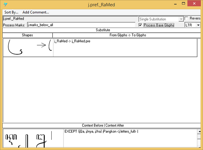 Screenshot that shows the 'pref' feature only used to substitute the fallback pre-base form of the medial consonant Ra (M R).