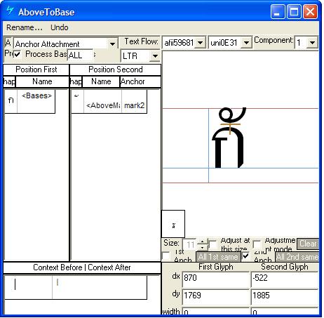 Screenshot of a dialog in Microsoft VOLT for specifying positioning adjustments. Anchor attachment is selected as the lookup type. A mark glyph is shown positioned above a base glyph using an anchor point.