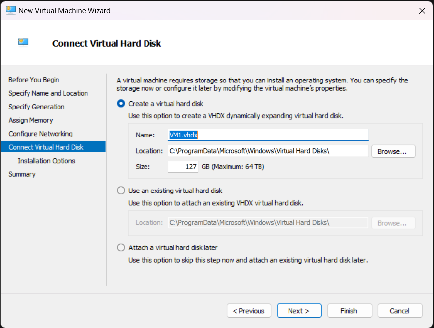 Screenshot of the New Virtual Machine Wizard's Connect Virtual Hard Disk task, with the Create a virtual hard disk option being selected.