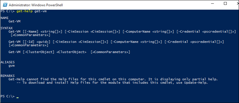 Screenshot of the Administrator Windows Power Shell screen, showing the output of how to structure commands.