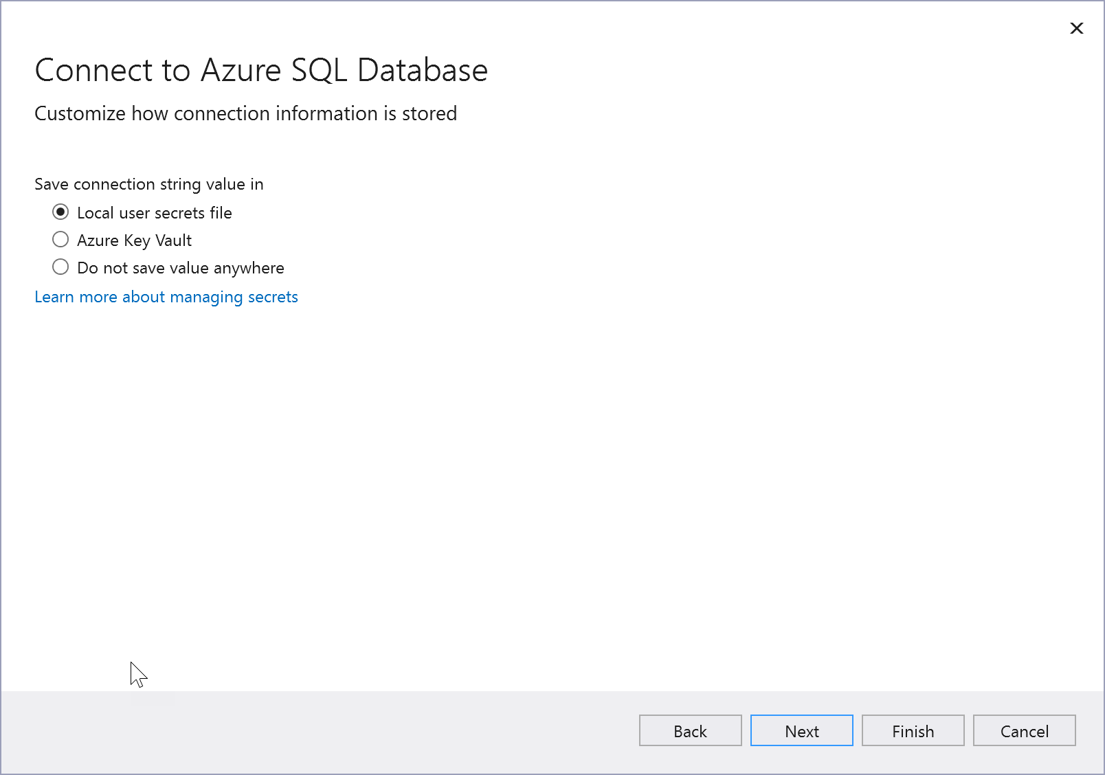 Screenshot showing the options for where to store the Azure SQL Database connection string.