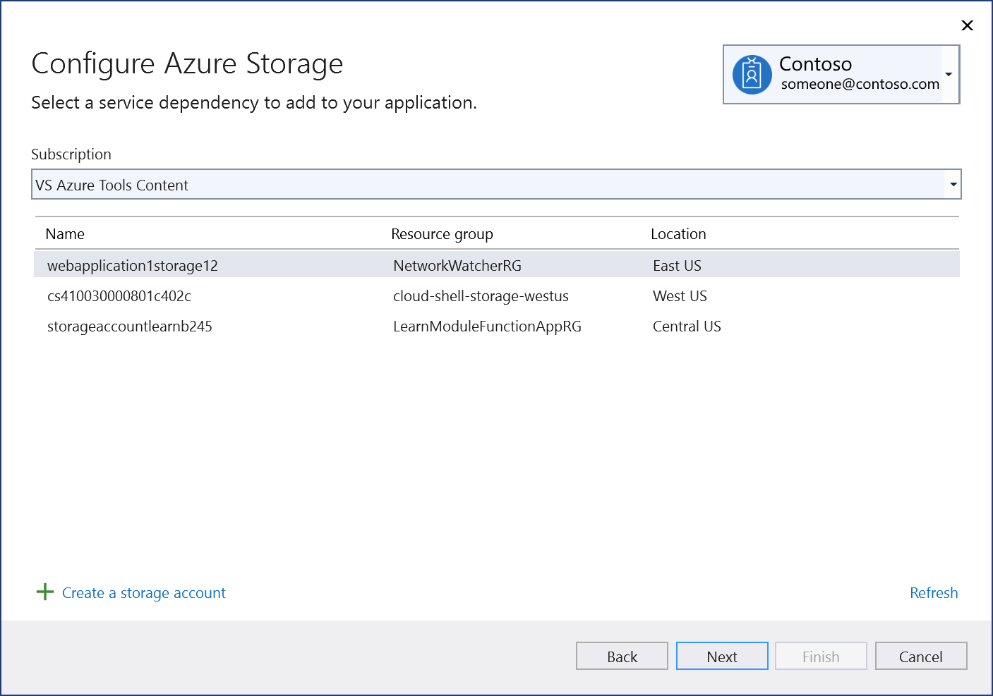 Screenshot showing "Add existing storage account to project" screen.