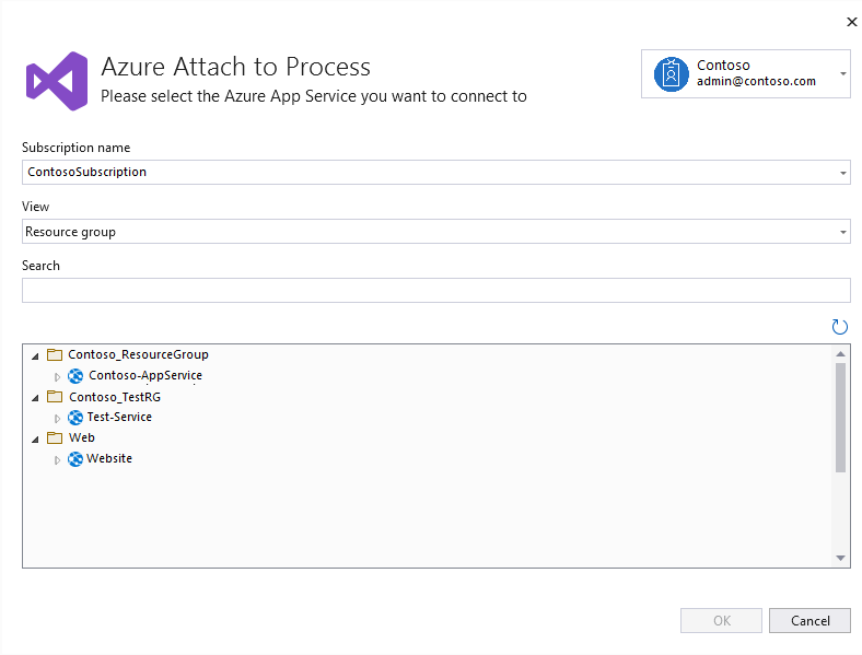 Screenshot of Select Azure App Service Dialog, showing a list of app services to select.