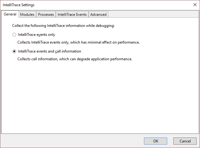 IntelliTrace settings