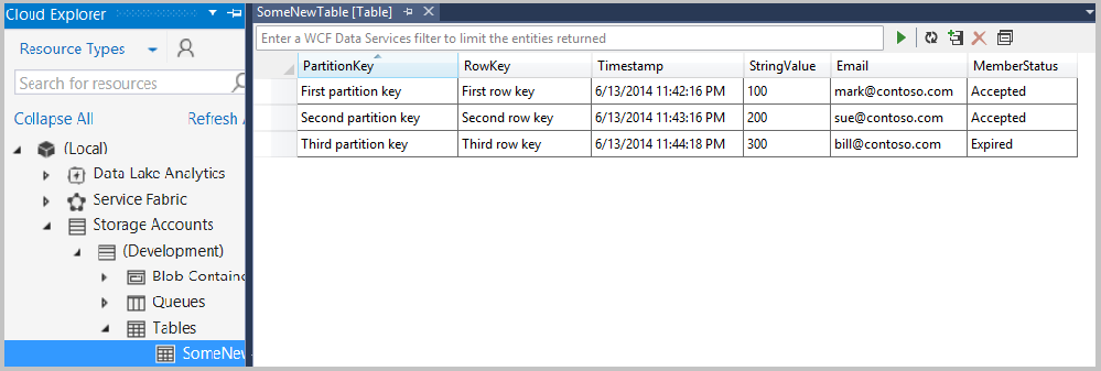 An Azure table in Solution Explorer