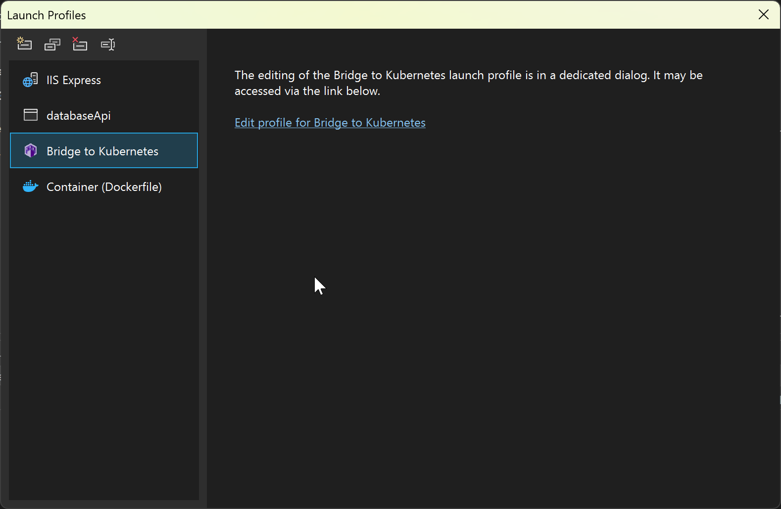 Screenshot showing the Debug launch profiles UI.