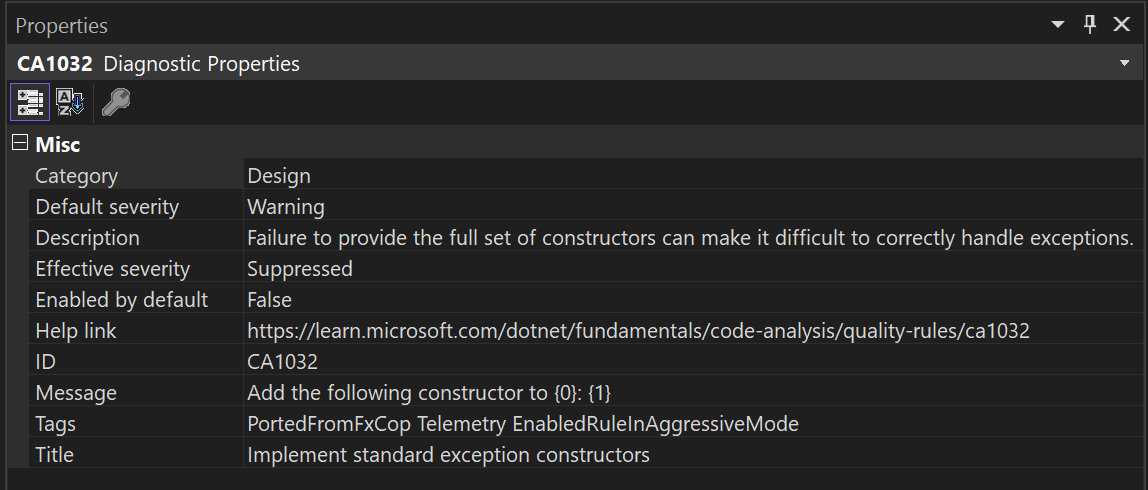 Screenshot that shows diagnostic properties in the Properties window.