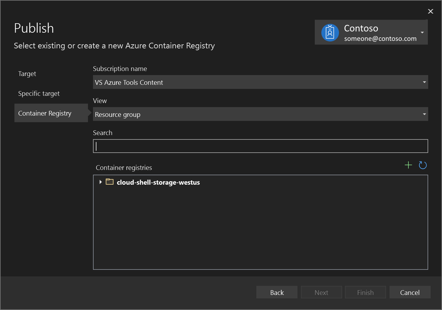 Screenshot of the Publish dialog that shows how to choose Create New Azure container registry.