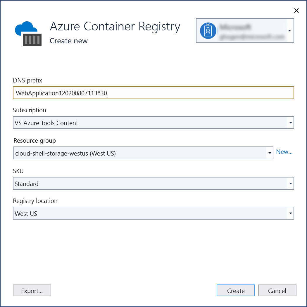 Screenshot that shows how to enter values in the dialog to create a new Azure container registry.