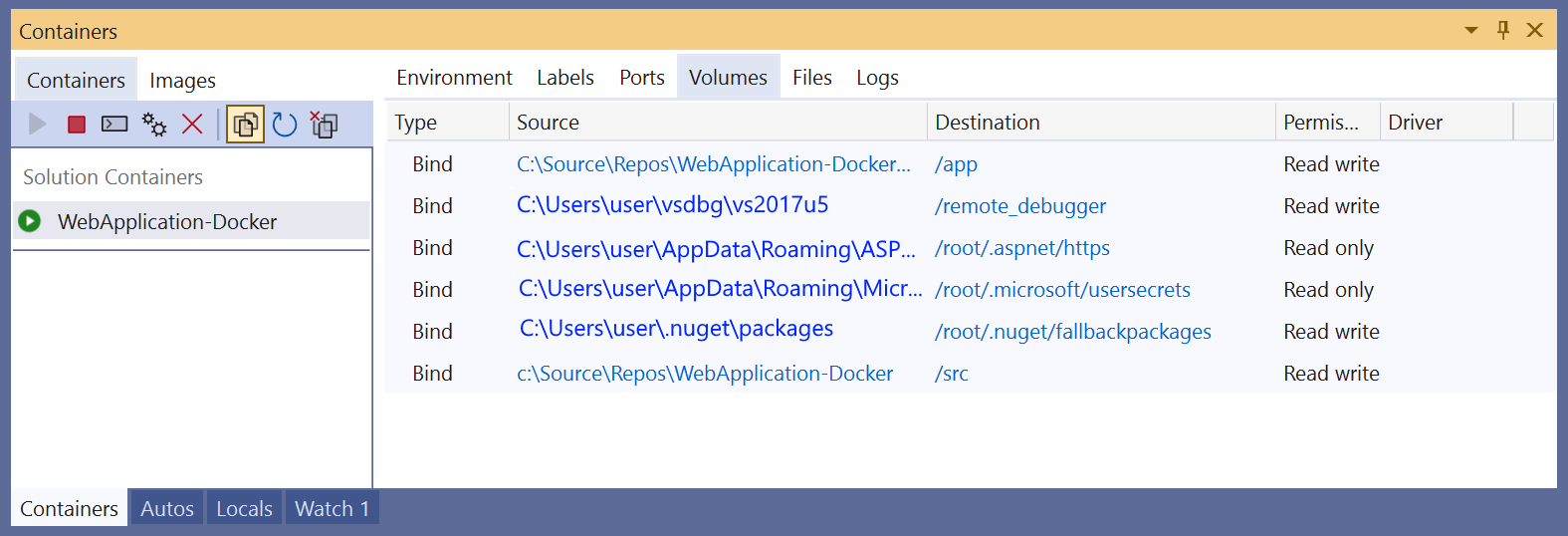 Screenshot of Volumes tab in Containers window.