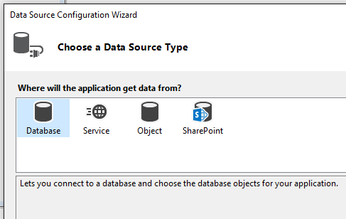 Screenshot that shows the Data Source Configuration Wizard in Visual Studio.