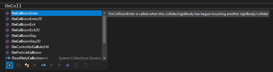 Screenshot of the IntelliSense dialog showing OnCollisionEnter.