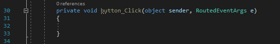 Screenshot showing the C# code for the default Button_Click event handler.